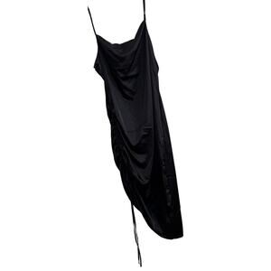 Women's Black Satin Cocktail Sexy Dress Asymmetrical Spaghetti Strap Large